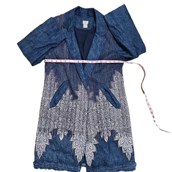 Chico's Size 1 M Blue Denim Embroidered Boho Longline Jacket Coat Festival Artsy - Picture 6 of 8